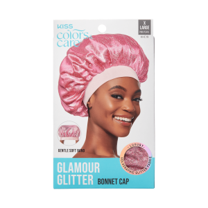 Kiss Colors & Care Glamour Glitter Bonnet Cap. XL - Pink Pearl | Extra-Large. Silk Bonnet. Sleep Bonnet. Hair Accessories