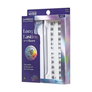 Impress Falsies Long Lasting Pre-Glued False Eyelashes Starter Kit - Demi Edgy | 24 Lash Clusters. With Applicator. Up To 5 Day Wear. 5mm-14mm