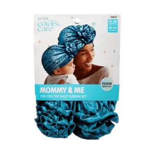 Kiss Colors & Care Mommy & Me Pre-Tied Top Knot Turban Set - Blue | Mom & Toddler. Velvet. Hair Turban. 2 pc. Hair Accessories