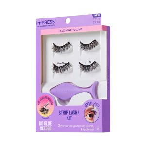 Impress Falsies Pre-Glued Strip False Eyelashes Starter Kit - Faux Mink Volume | 2 Pairs. With Applicator. 12mm