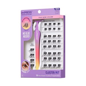 Impress Falsies Pre-Glued False Eyelashes Starter Kit - Faux Mink Volume | 36 Lash Clusters. With Applicator. 8mm-14mm