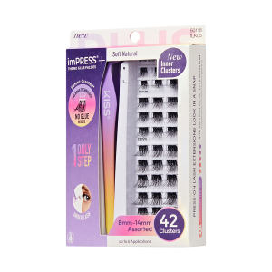 Impress+ Pre-Glued False Eyelashes Starter Kit - Soft Natural | 42 Lash Clusters. With Applicator. Includes Inner Clusters. 8mm-14mm