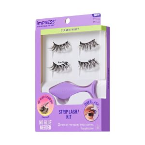 Impress Falsies Pre-Glued Strip False Eyelashes Starter Kit - Classic Wispy | 2 Pairs. With Applicator. 16mm