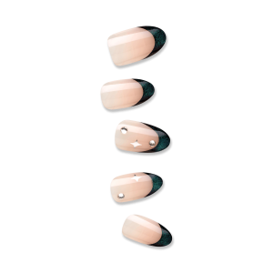 Impress Premium No Glue Fake Press On Nails - Visions | 3D & Jewel French. Metallic Green. Medium. Almond. Manicure
