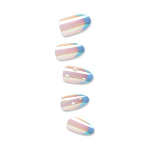 Impress Premium No Glue Fake Press On Nails - Best Life | 3D & Jewel French. Metallic Blue. Medium. Almond. Manicure