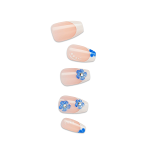 Impress Design No Glue Fake Press On Nails - Pure Ray | 3D & Jewel French Design. Blue & White. Medium. Coffin. Manicure